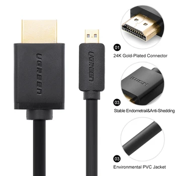 Ugreen Micro HDMI to HDMI Cable1.5m 2m 3m 3D 4K*2K Male-Male High Premium Gold-plated HDMI Adapter for Phone Tablet HDTV Camera