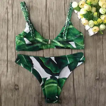 Women Summer Green Printed Push-up Padded Bra Bandage Bikini Set Swimsuit Triangle Bathing Swimwear