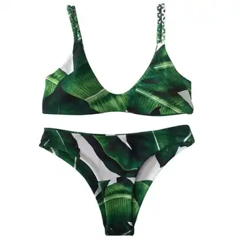 Women Summer Green Printed Push-up Padded Bra Bandage Bikini Set Swimsuit Triangle Bathing Swimwear
