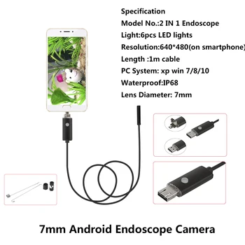 HD 2 in 1 Endoscope Android PC USB 7.0MM 6LED Waterproof Endoscope Inspection Camera Inspection with 1/2/5/10M Length Cable Min