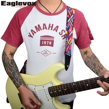 Amumu Printed Ribbon Woven Guitar Strap Diamond-shaped Pattern with Leather Ends 25