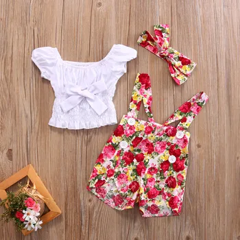 Toddler Baby Girls Clothing t shirts AND brace SHORTS Overalls Summer Floral kids girl clothes sets Outfits