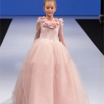 Flower Girl Pageant Dresses 2016 Lace Tulle Kids Prom Dress O-Neck Long Sleeves Ball Gown First Communion Gown for Girls