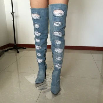 Denim Hollow Out Front Long Boots Thigh High Pointed Toe Women Boots Winter Style Extra High Heels Side Zipper Large Size
