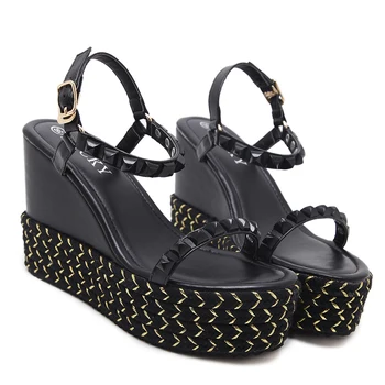 Ladies High Heel Sandals Fashion Rivets Platform Wedges Shoes Punk Style Women Shoes High Heel Black platform wedge sandals 11cm