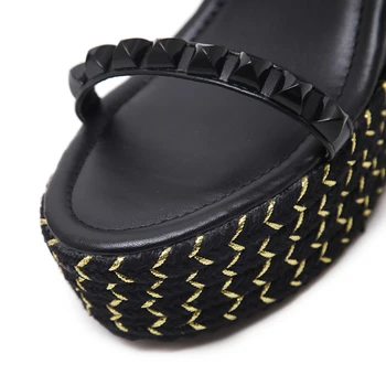 Ladies High Heel Sandals Fashion Rivets Platform Wedges Shoes Punk Style Women Shoes High Heel Black platform wedge sandals 11cm