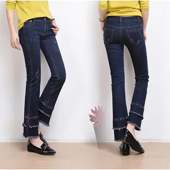 Plus Size High Waist Flare Nine Jeans With Tassel Wide Leg Pants Slim Stretch Capris Jeans 2Xl 3Xl 4Xl 6Xl
