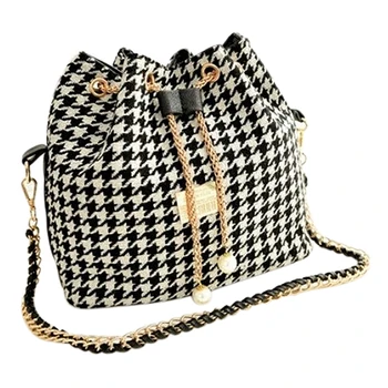 Wholesale 5*Women Houndstooth bag chains fashion bucket bag canvas patchwork shoulder bag messenger bag Black and white grid