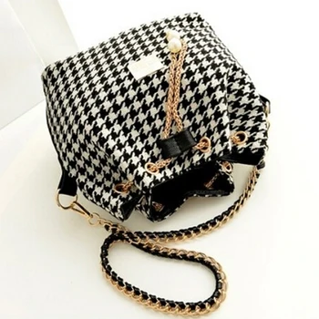 Wholesale 5*Women Houndstooth bag chains fashion bucket bag canvas patchwork shoulder bag messenger bag Black and white grid