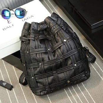 Aresland Leather Backpack Fashion Bucket Bag Korean Style Inclined Shoulder Bag for Teenage Girls