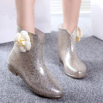 2016 Women Rain Boots Waterproof Women Shoe Camellia Flower Women Rain Boots Glitters Bow Rubber Shoes Woman Mid Calf Raniboots