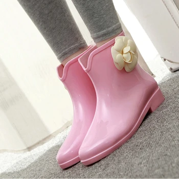 2016 Women Rain Boots Waterproof Women Shoe Camellia Flower Women Rain Boots Glitters Bow Rubber Shoes Woman Mid Calf Raniboots