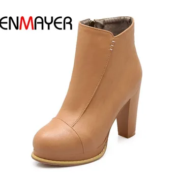 ENMAYER Women Boots Shoes New Round Toe Fashion PU Square heel High Boots Hot! New Blue Yellow Beige Martin Boots For Women