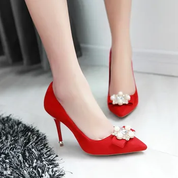2016 spring autumn Elegant woman shoes Thin heels pumps Pointed Toe slip-on Bowtie Beading Nubuck leather shoes size 32-43 T100