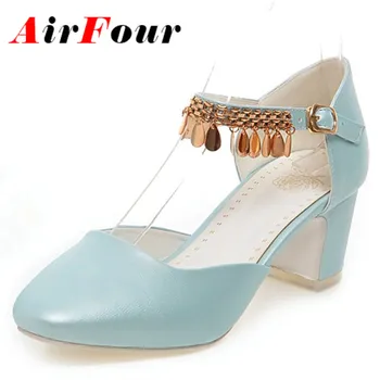 AirFour New Spring Women Sandals Sweet Buckle Strap Size 34- 43 Low Heel Casual Ladies Sandals Charm Blue Pink White Shoes Women