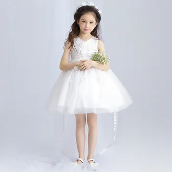 Formal Girls Dress Ball Gown V-Neck Long Tailed Flower Girl Vestido for Party 2017 Girl Clothes 3 4 6 8 10 12 14 Years RKF174029