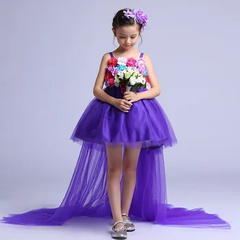 Long Tailed Formal Girls Dress Wedding Long Back Purple Flower Girl Vestido 2017 Gilrs Clothes 6 8 10 12 14 Years Old RKF174034