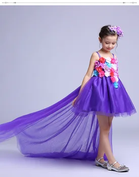 Long Tailed Formal Girls Dress Wedding Long Back Purple Flower Girl Vestido 2017 Gilrs Clothes 6 8 10 12 14 Years Old RKF174034