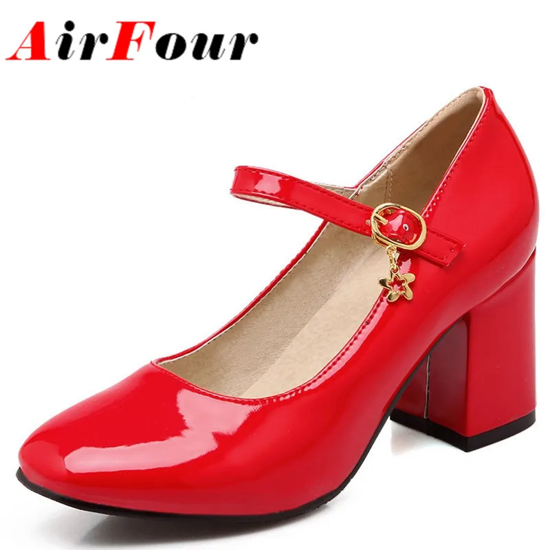 Airfour Fashion Lady Party Shoes Square High Heels Sqaure Toe Buckle Strap Spring/Autumn Women Shoes 4 Sweet Colors Large Size43