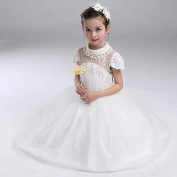 Long Girls Dress for Wedding White Pearl High-end Flower Girl Vestido 2017 Girls Clothes 3 4 6 8 10 12 14 Years Old RKF174039