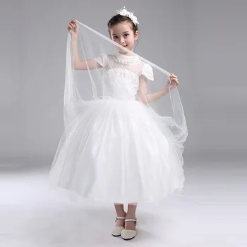 Long Girls Dress for Wedding White Pearl High-end Flower Girl Vestido 2017 Girls Clothes 3 4 6 8 10 12 14 Years Old RKF174039