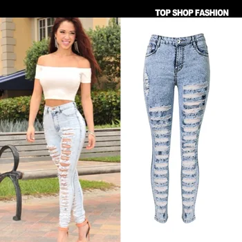 Ripped Jeans For Women Fashionable High Waist Skinny Stretch Pencil Denim Ladies Summer Calf-Length Pants Cotton Tight Trouser