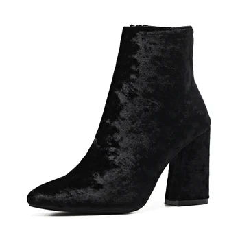 Black Blue Square Heels High-Grade Velvet Ankle Boots Women Warm Winter Shoes Plush Inside Female Fashion Knight Boots