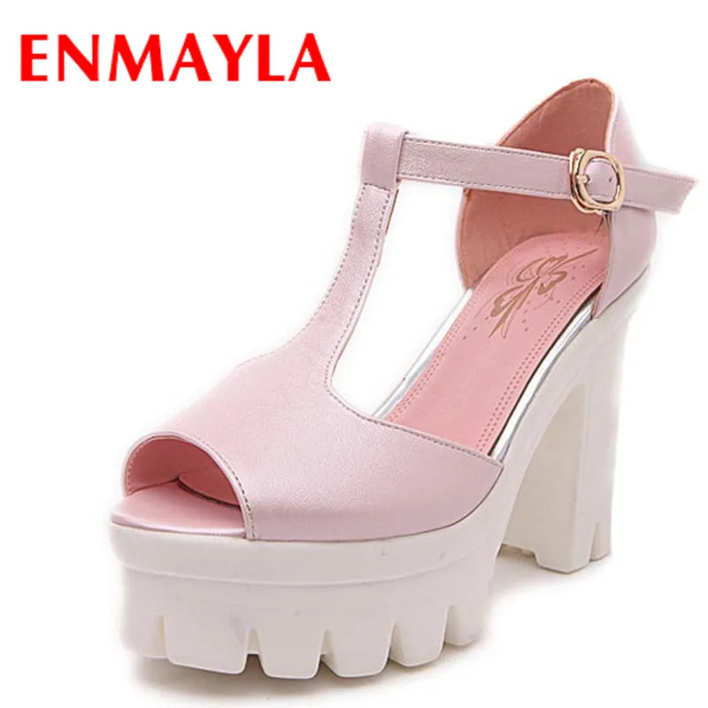 AirFour Fashion Women PU T-Strap Buckle Strap Casual Plain Soft Leather Platform Solid Square Heel Wedges Sandals