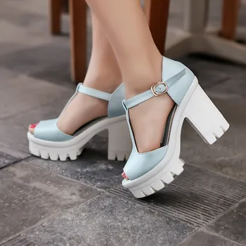 AirFour Fashion Women PU T-Strap Buckle Strap Casual Plain Soft Leather Platform Solid Square Heel Wedges Sandals