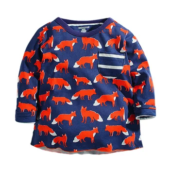 New baby boys fall spring t shirt,printed fox with pocket detail,children long sleeve tees,kids next clothing style(1-6 Yrs)