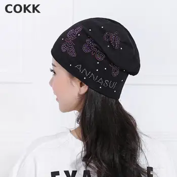 COKK Fashion Winter Beanie Hat Ladies Knit Hats For Women Beanies Caps Butterfly Diamond Beanie Touca Knitted Cap Gorro