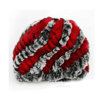 Woman's Winter Hats Warm Rex Rabbit Fur Knitted Sweater Crochet Cap Natural Stripe Skullies and Beanies Women Gorros Headwear
