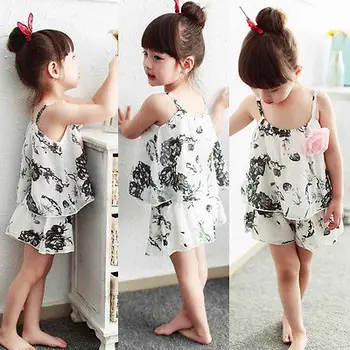 Girls Clothing Sets Baby Kids Clothes Suit Girls Chinese Style Spaghetti Floral Tops+Casual Harem Pants Kids Bohemia Beach Suit