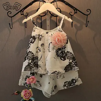Girls Clothing Sets Baby Kids Clothes Suit Girls Chinese Style Spaghetti Floral Tops+Casual Harem Pants Kids Bohemia Beach Suit