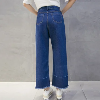 Fashion Patchwork Pockets Wide Leg Denim Pants Tassel Effect Women Bottom Vintage Blue Jeans