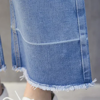 Fashion Patchwork Pockets Wide Leg Denim Pants Tassel Effect Women Bottom Vintage Blue Jeans