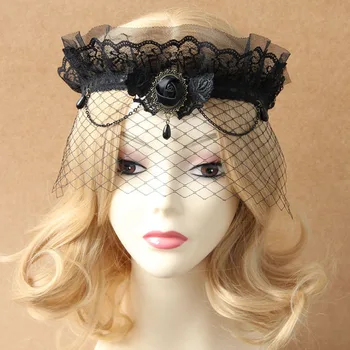 Lady Elegant Sexy Gothic Crown Flower Black Lace Veil Half Face Eye Mask Stretch Headband Costume Ball Party Christmas Accessory