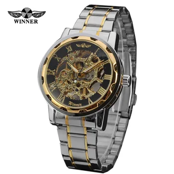 Winner Men Skeleton Mechanical Watch Black Stainess Steel Steel Hand Wind Watches Transparent Steampunk Montre Homme Wristwatch