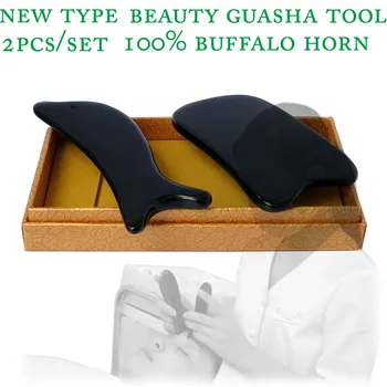 2pcs/set New type buffalo horn thicken high polishing beauty guasha tool 1pcs square + 1pcs dolphin plate