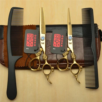 4Pcs/Set 6'' Golden KASHO Professional Human Hair Hairdressing Scissors Combs+ Cutting+ Thinning Shears Big Dragon Handle H9004