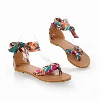 Big size 34-43 T strap colorful Beach flat heel sandals shoes women Summer Sandals Ribbon Sweet Ladies Leisure shoes PA00246
