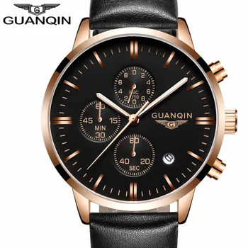 2017 GUANQIN Fashion Chronograph Military Sport Wristwatch Mens Watches Top Brand Luxury Leather Quartz Watch relogio masculino