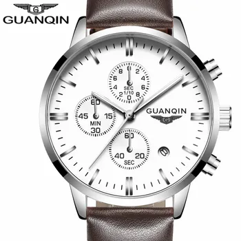 2017 GUANQIN Fashion Chronograph Military Sport Wristwatch Mens Watches Top Brand Luxury Leather Quartz Watch relogio masculino