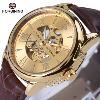 Original FORSINING Leather Relogio masculinos Golden Dial Skeleton Mens Watches Top Brand Luxury Automatic Men Mechanical Watch