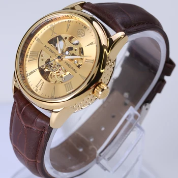 Original FORSINING Leather Relogio masculinos Golden Dial Skeleton Mens Watches Top Brand Luxury Automatic Men Mechanical Watch