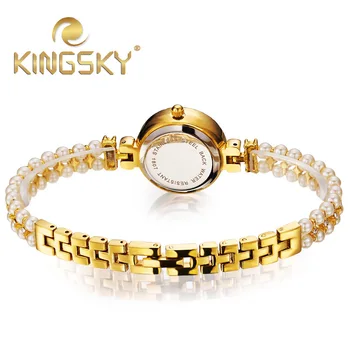 KingSky Top Quality Luxury Fashion Brand Gold with pearl chain Watch Ladies Women Dress Quartz Watch Montre Femme