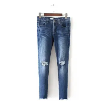 2016 new style women's fashion jeans spring hole burrs skinny pants fall pencil pants ankle-length blue jeans hole ripped jeans