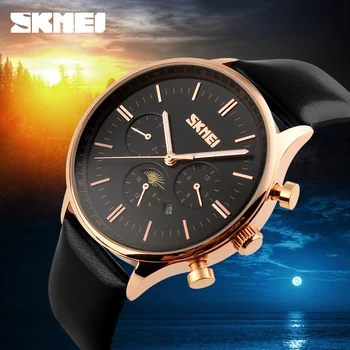 2016 New Popular Moon Phase Black Genuine Leather Strap Gold Business Watch Quartz Luxury Sport Watches Mens Wristwatch Relojes