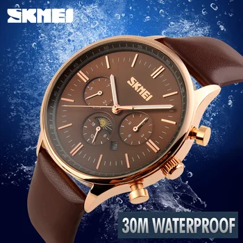 2016 New Popular Moon Phase Black Genuine Leather Strap Gold Business Watch Quartz Luxury Sport Watches Mens Wristwatch Relojes