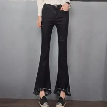 Mid Waist jeans female black tassel edges Flares Pants women